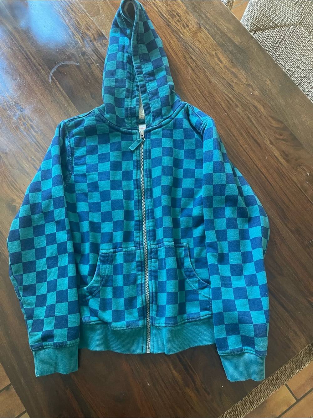 Hanna Andersson Teal & Blue Check Zip Hoodie